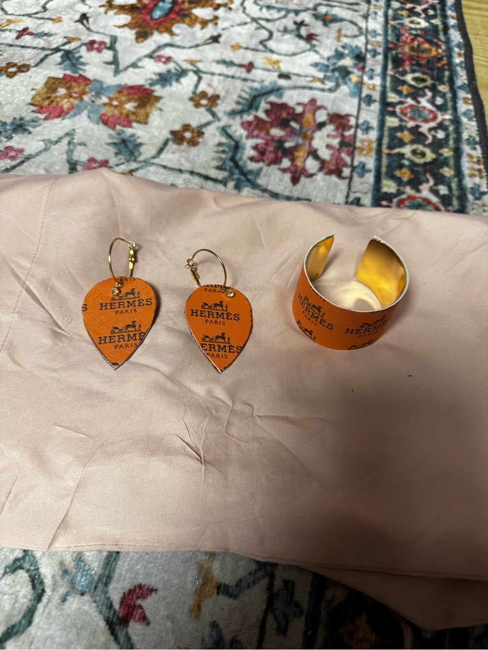 Orange Leather Teardrop Earrings & Cuff Set